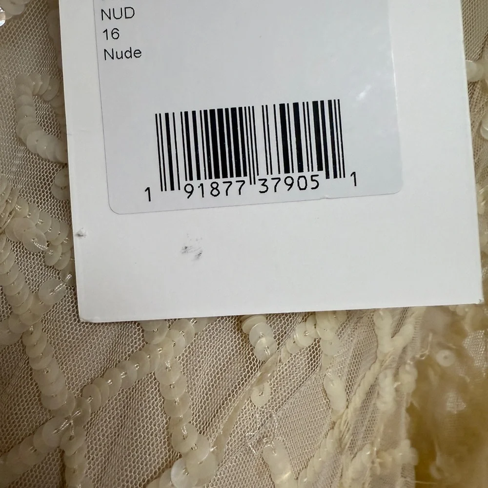NWT | Mac Duggal Nude Sequined High Neck Long Sleeve Midi Dress Size 16 - Picture 12 of 13